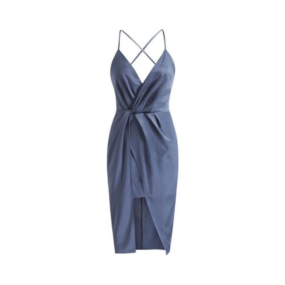 NWT Cider Solid Blue Backless Twist Front Mini/Midi Dress L - Picture 1 of 12